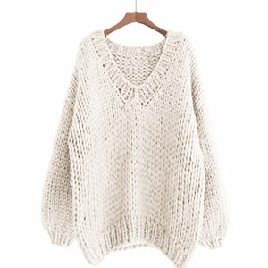 Hand Knit Wool V-Neck Sweater: Oversized Slouchy Cream Knit