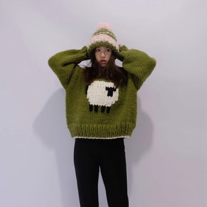 Hand Knitted Wool Sweater: Green Lamb Jacquard Pullover