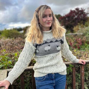 Womens 100% Wool Sheep Knitted Jumper Fine Knit Unlined Aran Sweater Natural Fitted Pullover UK Made Country Wear