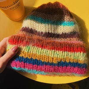 Scrap Yarn Knit Beanie: Colorful Mohair Blend, Eco-Friendly Chunky Hat