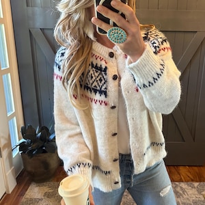 Handmade Fair Isle Knit Cardigan: Cotton Wool Blend Christmas Sweater, by Lavender Tribe Design