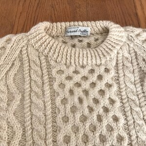 Vintage Hand Knit Crew Neck Irish Fisherman Sweater/Hand Made for Owner in Ireland/Ivory 100% Wool/Sz M- L See Measurements / Unisex Sweater
