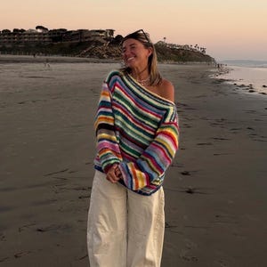 Hand-Knitted Colorful Striped Sweater: Oversized Cotton Mohair Blend, Moonlight Sweater