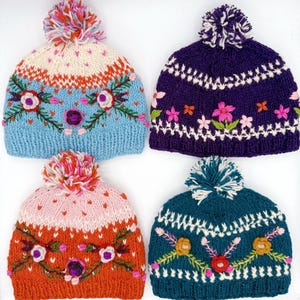 Hand-Knitted Wool Beanie – Fleece-Lined Embroidered Hat with Pom-Pom | Handmade in Nepal, Cozy Winter Gift for Her