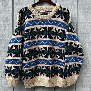 Otavalo 100% Wool Hand-Knit Sweater Aztec Geometric Print Ecuador Vintage  Sz