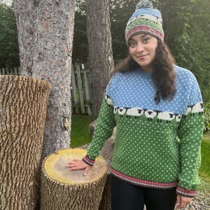 Hand-Knitted Lamb Wool Sweater: Blue & Green Sheep Crewneck, Cozy Jumper, Fair Trade