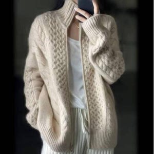 Pure Wool Cable Knit Zip Cardigan | Women's Chunky Sweater