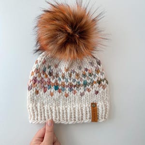 Handmade Merino Wool Knit Beanie, Colorful Winter Hat with Faux Fur Pom for Women