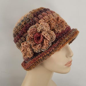 Crochet Cloche Hat with Flowers, Handmade Wool Winter Hat